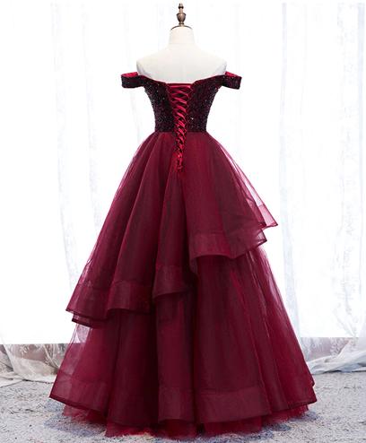 Dark Red And Black Tulle Beaded Long Party Dress, Prom, 49% OFF